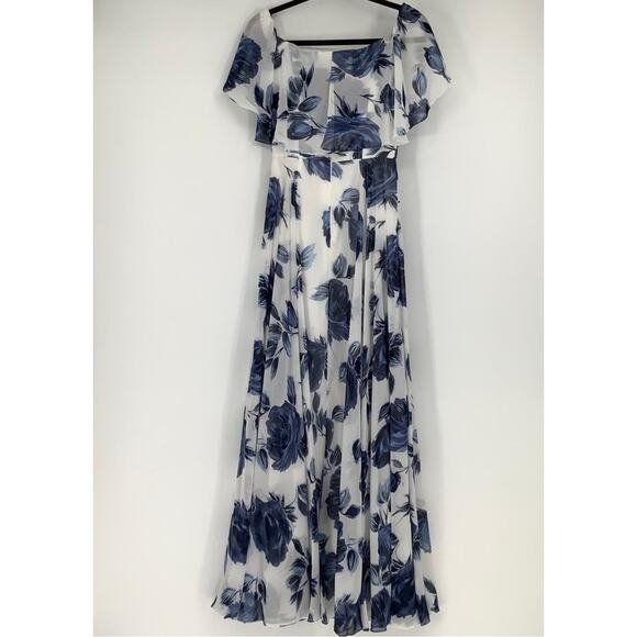 NEW! After Six Size 0 Off-Shoulder Lux Chiffon Indigo Rose Dress $263 msrp J1-3 - Picture 4 of 10